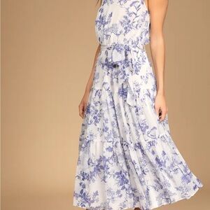 Lulu's Elegant Blue and White Midi Dress